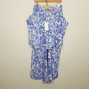NWT Caroline Constas SET Linen Blend Crop Button Down Shirt Pull-On Pants M